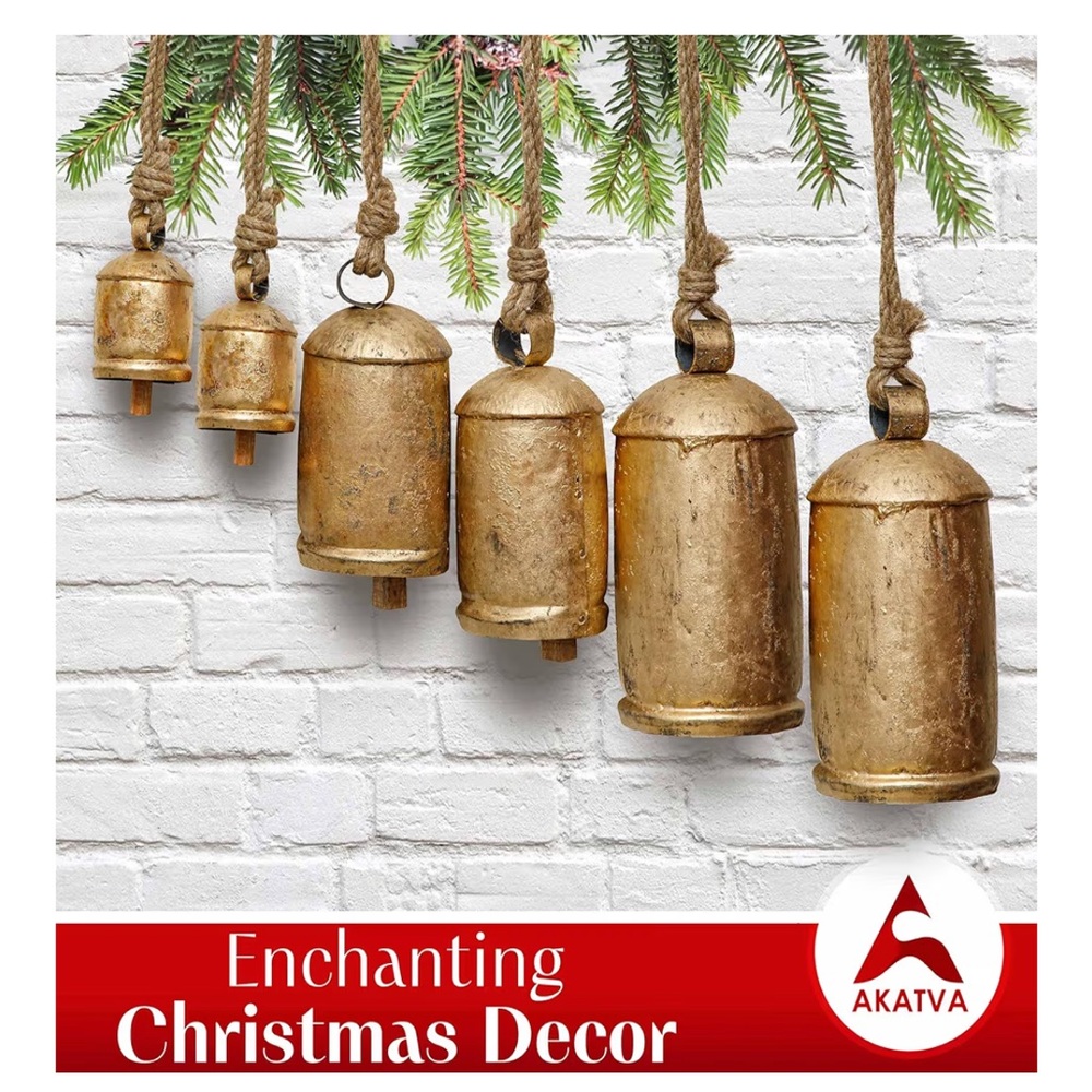 Gold Rustic Christmas Cow bells on Rope Vintage look lot of 6